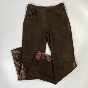 St. John Couture Marie Gray Genuine Leather Brown Embroidered Pants Size 6